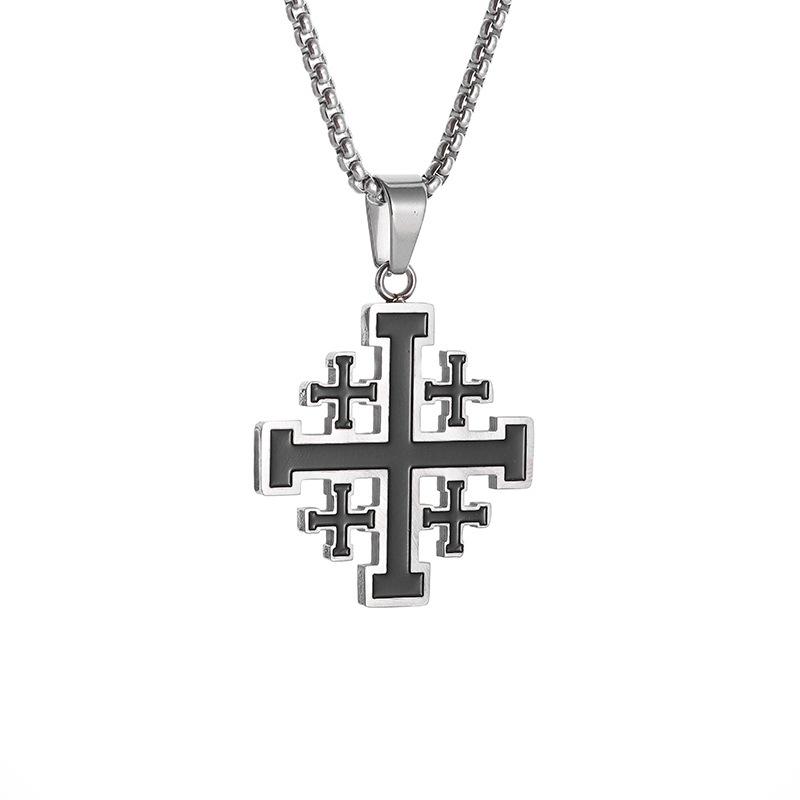 Jerusalemkreuz Edelstahl-Halskette, 60cm Perlenkette, Emaille-Öltropfen-Anhänger, Unisex Vintage Religiöser Schmuck Silver+Matching chain gray