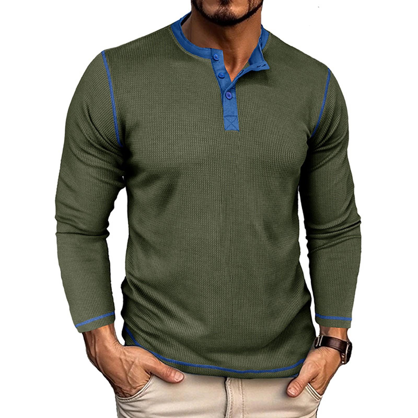 

Men s Color Blocked Versatile Long Sleeved Shirt Retro T-shirt Bottom Shirt XXXL армія зелений колір