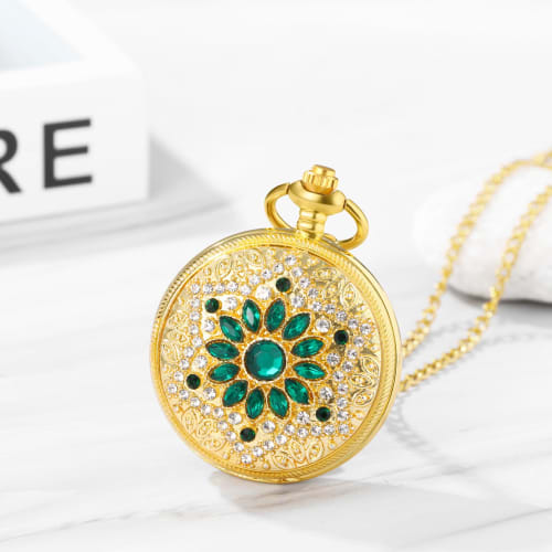 Retro Antique Gold Pocket Watch Necklace: Analog Display, Waterproof, Rhinestone, Petal Design, Pendant Watch, Pocket Watch with Sweater Chain, Golden