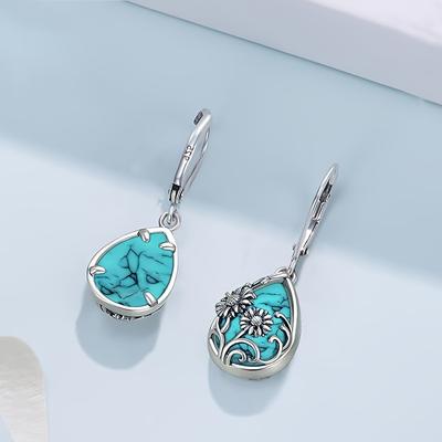 Vintage Sunflower Dangle Earrings with Turquoise Inlay for Women