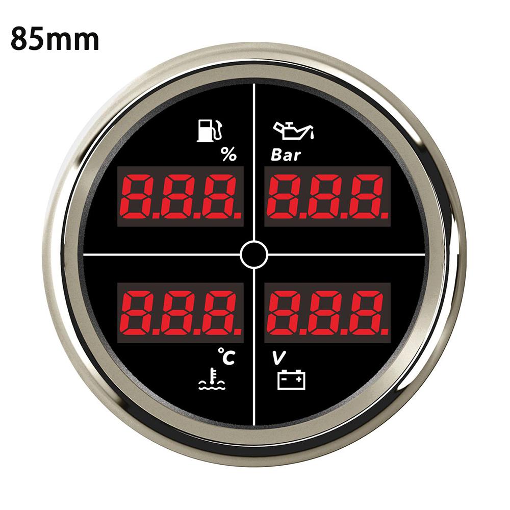 ELING Car 12V 24V 52mm 85mm 4 in 1 Multifunction Gauge with Fuel Level Oil Pressure Water Temp. Voltmeter and 8 Colors Backlight