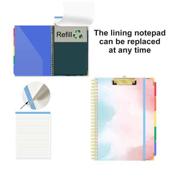 Clipboard Folio with Refillable Notepad Letter Size 5 Dividers Side Pockets Twin-wire Binding Elastic Band Colorful Label Index Spiral