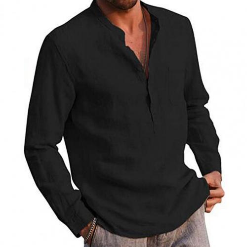 2024 Men Casual Shirts Solid Color V Neck Long Sleeve Shirt Simple Button Pocket Top Cotton Linen Skin-friendly Daily Wear Shirt