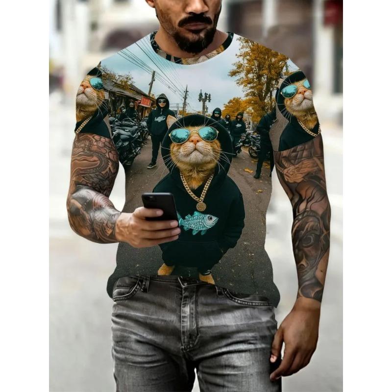 Summer Men's Cat 3D Printed Crew Neck T-Shirt Fashion Versatile