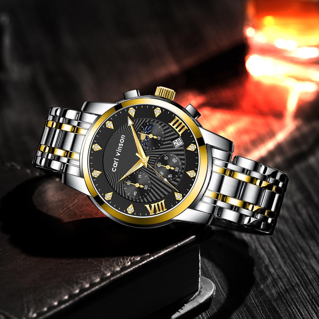 Men's Multi-function Watch Stainless Steel Strap Bow Buckle Men's Watch Moon Phase Waterproof Luminous Watch
