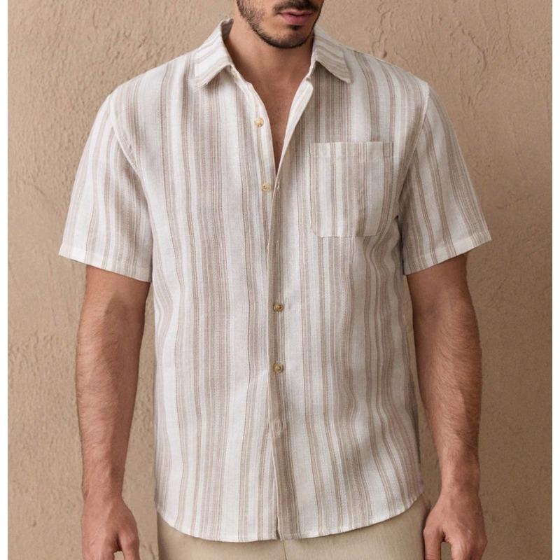 Summer Polo-neck Vintage Striped Printing Cardigan Shirt Male Short Sleeve Casual Fashion All-match Top Men