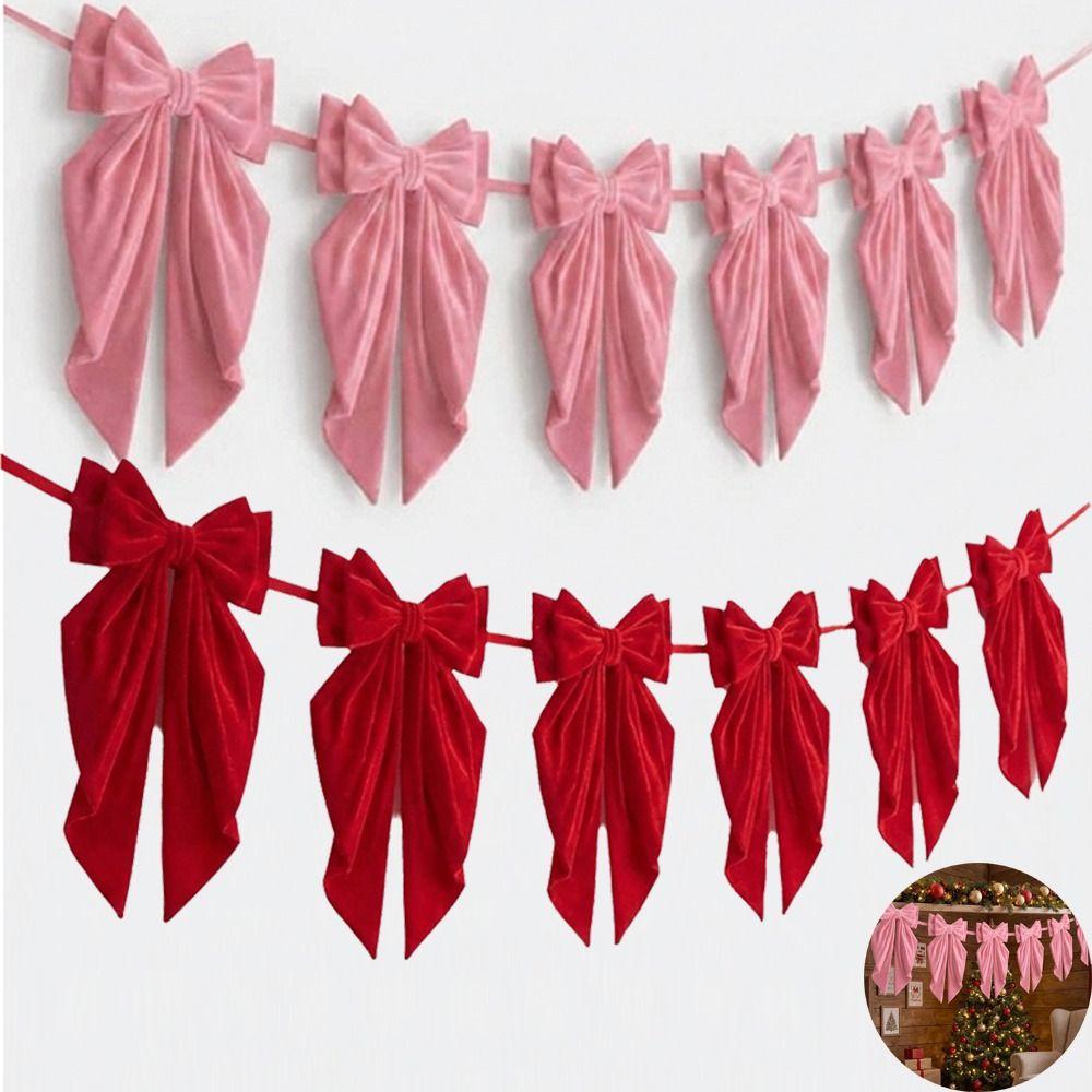 Handmade Red Bow Banner Reusable Christmas Velvet Ornament Exquisitely Bow Bunting Party