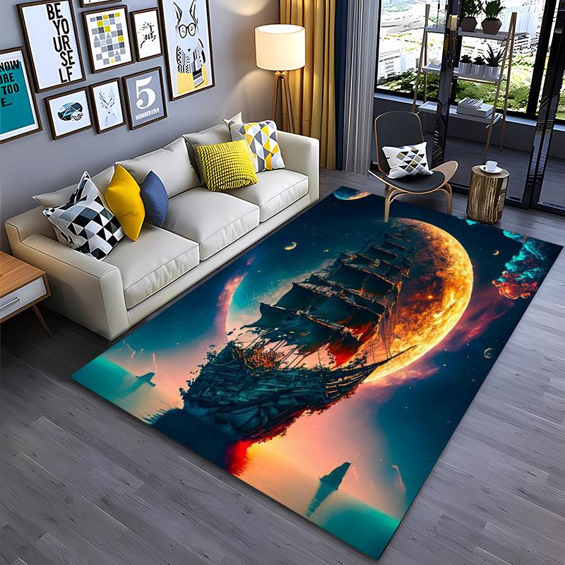 3D Pirate Ship Boat, Large Area Carpets for Home Living Room  Children's Bedroom Sofa Doormat Kitchen Floor Rugs Anti-slip Decor
