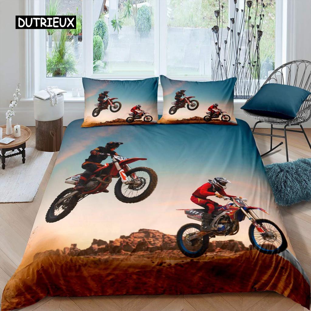 3D Motocross Rider Duvet Cover Set Microfiber Red Black Dirt Bike Extreme Sports Theme Motorcycle Pattern Bedding Set King Size