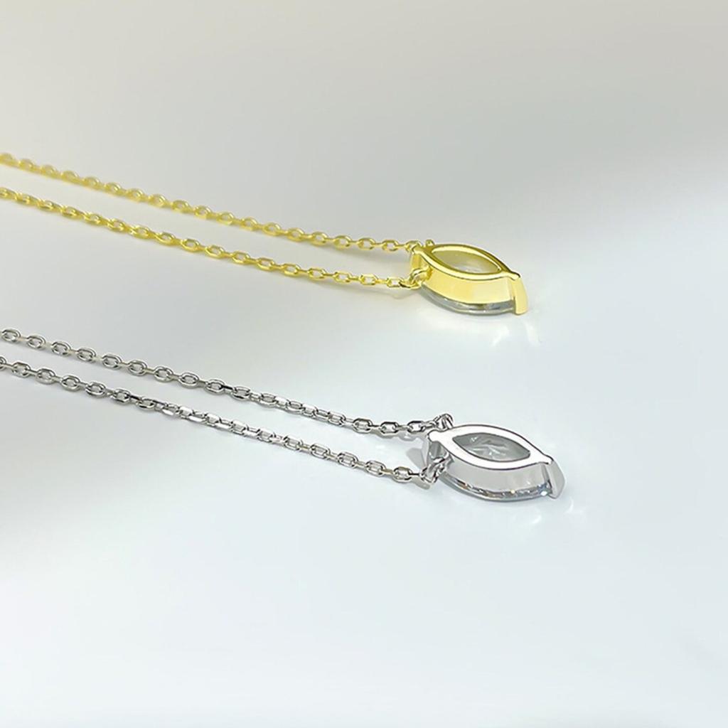 Two Prong Marquise Cut Single Stone Pendant Thin Link Chain Two Tone Minimalist Women Neck Jewelry