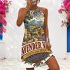 Women Plus Size Criss Cross Cutout Neck Sleeveless Landscape Printed Fitted Curved Hem Dress