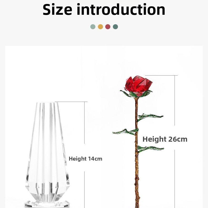 Crystal Rose Vase Figurine Golden Green Leaves Rose Ornament Home Decor Birthday Wedding Gift