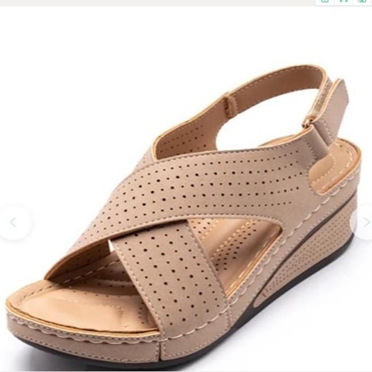 Sandals summer 2025 new European and American wedge heel sewing line breathable Velcro hollow large size shoes foreign trade women's shoes
