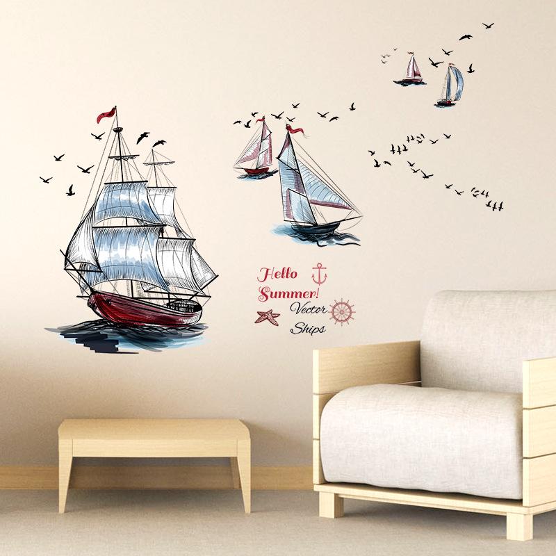 Hand Drawn Sailboat Removable Wall Sticker Creative Nautical Decor for Bedroom Living Room TV Background Sofa Headboard Corner