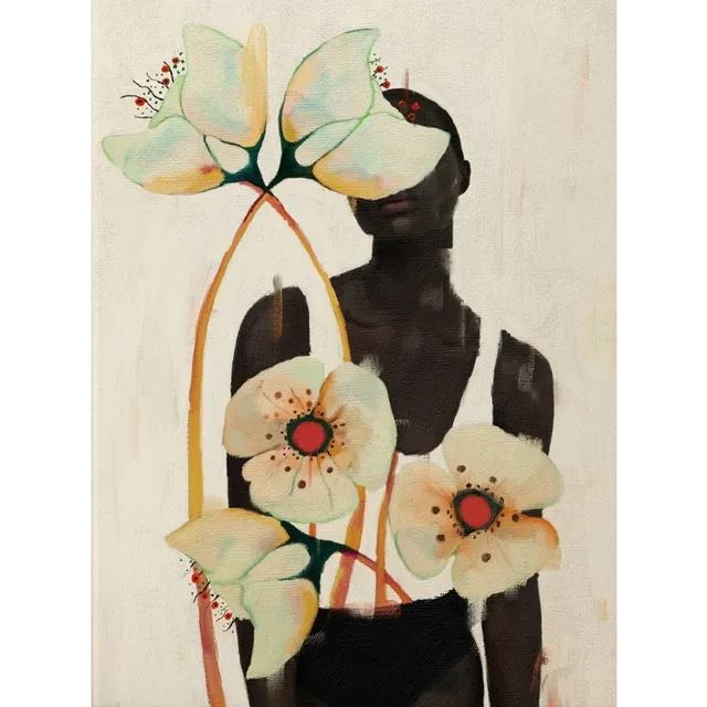 Elegant African American Woman with Floral Head Poster  Sexy Black Girl Canvas Painting Wall Art for Living Room Home Decor Mura
