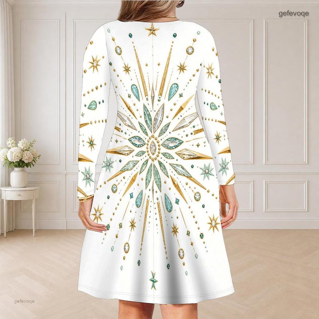 Women Plus Size V Neck Long Sleeve Black Floral Printed Curved Hem Dress
