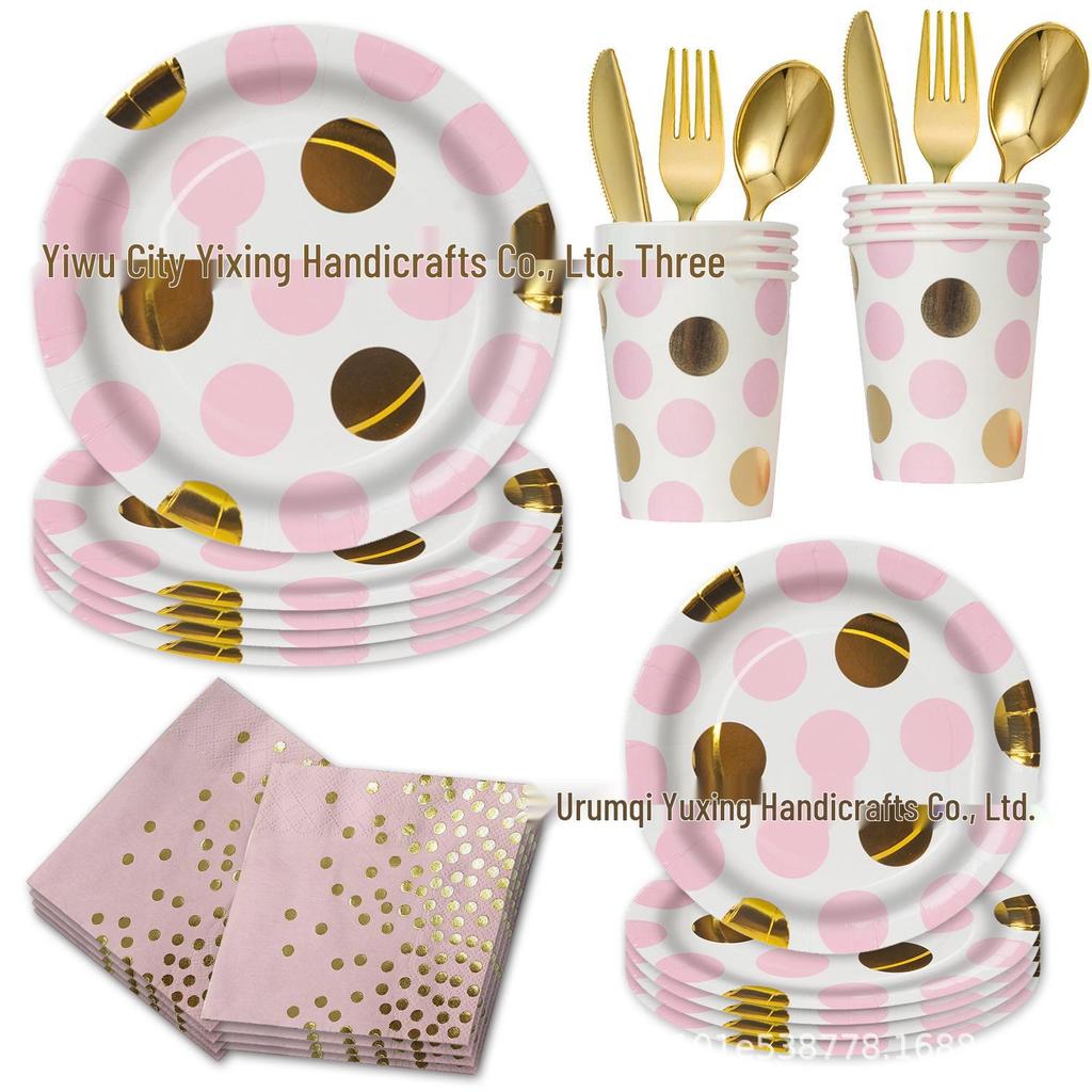 Polka Dot Pink Party Disposable Tableware Set: Plates, Knife, Fork, Spoon, and Cups