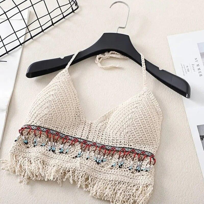 Sexy Boho Beach Holiday Košilka Halter Ženy Háčkování Pletené Plavky Podprsenka Vesta bez zad s dutým střapcem Tílko Dámské Crop Tops