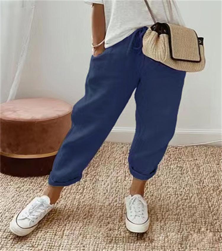 

2024 Women s Cotton Linen Elastic Waist Casual Pants with Pockets M