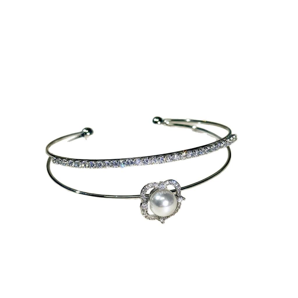 Zircon Pearl Flower Double-Layer Open Bangle: Elegant, Sweet & Luxurious Bracelet for Women