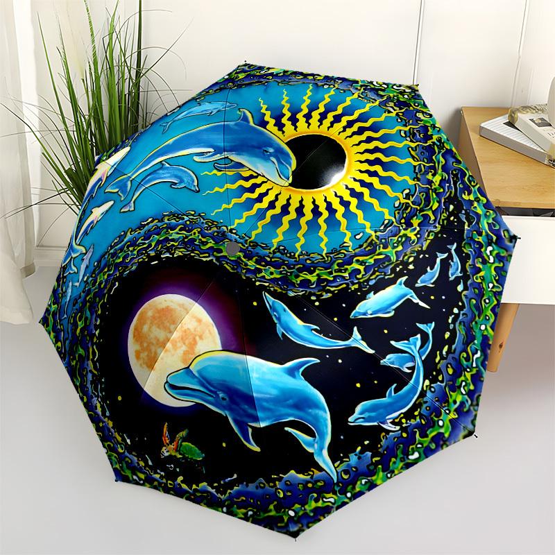 

1pc Dolphins, Yin-Yang, Sun-Moon, Ocean Waves Umbrella with Plastic Handle,Suitable for All Seasons Home Travel Outdoor UmbrellaB1623