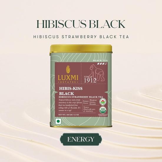 Luxmi Estates Hibis-Kiss Black Tea 100gm Tin | USDA Certified Organic Hibiscus Strawberry Black Tea | Lemongrass, Spearmint