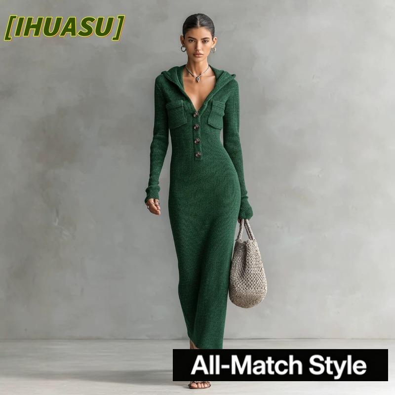 IHUASU Fashion Spring Autumn Solid Color Print Long Sleeve Casual Dresses