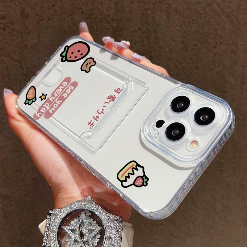 Card Slot Holder Silicone Wallet Pocket Case For Xiaomi Redmi Note 14 13 12 11 10 iPhone 17 16 14 13 Pro Samsung S23 S24 S25 Cover Clear Phone Bumper