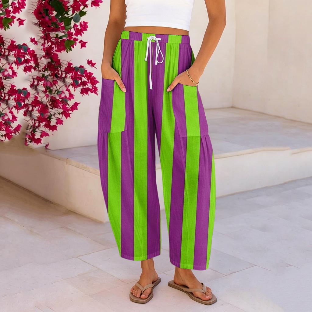 Women's Linen Pants with Pockets, High Waist Loose Fit Plus Size Cotton Casual Pants