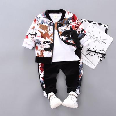 Baby Boys Spring Fall Print Set Boy Handsome Clothes Three-piece Children's Clothes Fashion Outerwear
