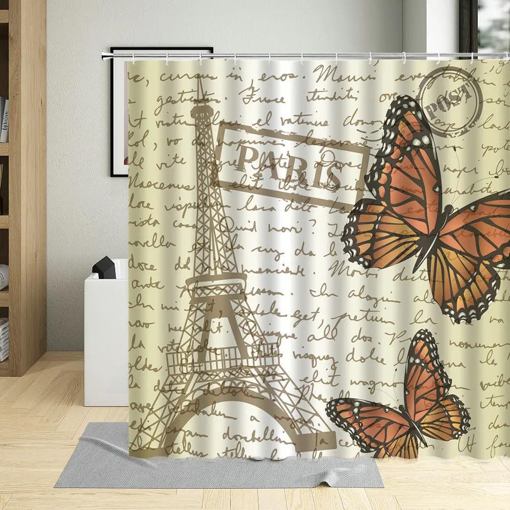 Retro Paris Tower Flower Oil Painting Shower Curtain Elegant Fabric Waterproof Bathroom Decor Screens Bath Curtains With 12 Hook