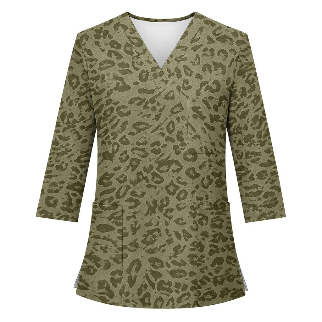 Women's Printed V-Neck Uniform Top with Single Pocket and Side Slit, 3/4 Sleeve