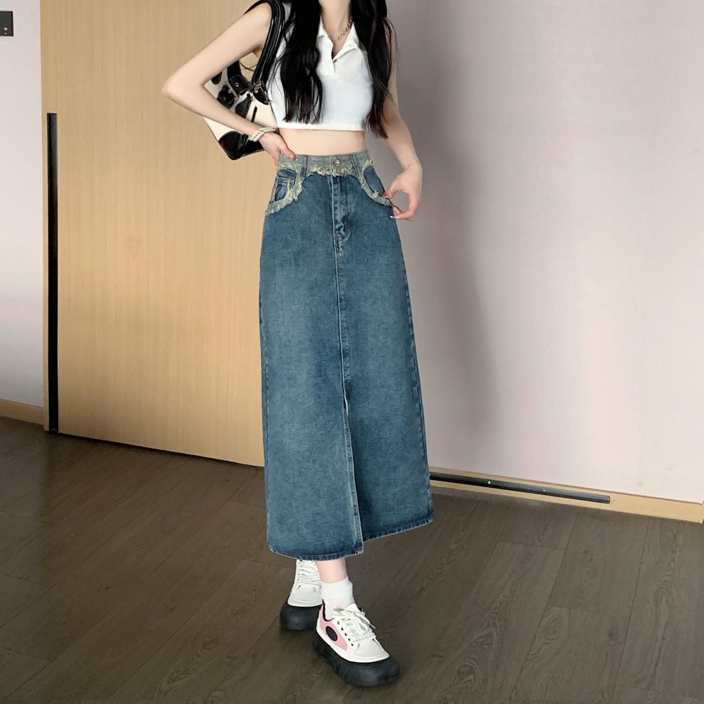 Jarní a podzimní dámské kalhoty Design Sense Vintage Split Středodélková sukně A-Line Středodélná džínová sukně do půl těla