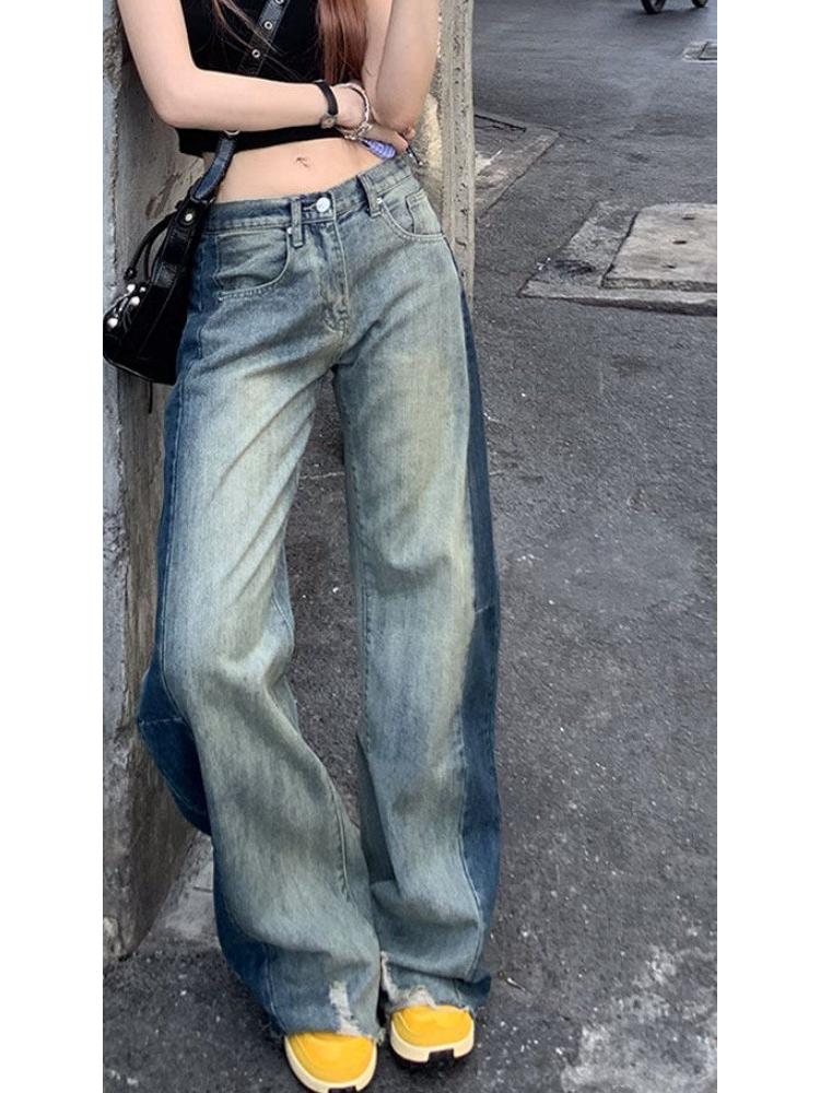 

Women s Spicy Girl Retro Wide-Leg Patchwork Jeans: Loose Fit, Distressed, Color Block, Plus Size, Street Style for Spring & Autumn 3XL (72-81kg)