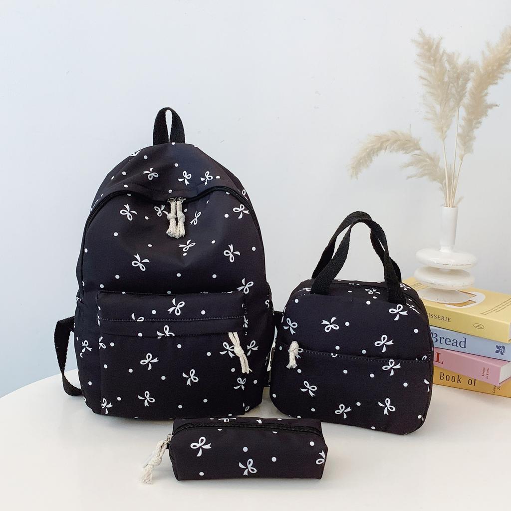 Korean Fashion Bow Print Women Backpack Simple Student Schoolbag Female Bag Set Three-Piece Backpack with Lunch Bag Pencil Case