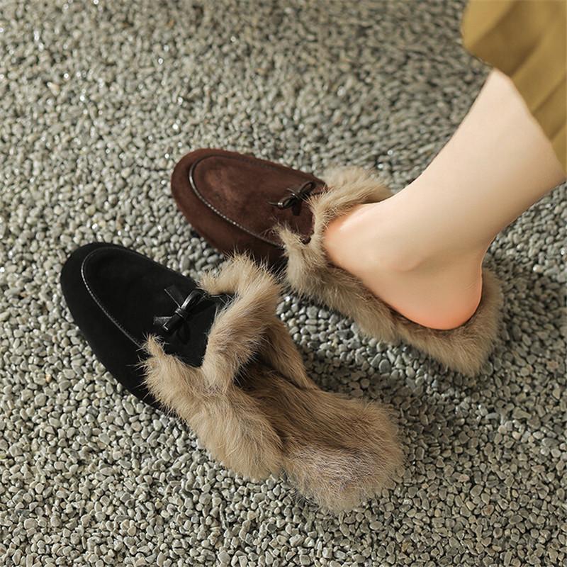 Fashion 2025 Winter Sheep Suede Women Shoes Rabbit Hair Mules Shoes for Women Round Toe Slippers Chunky Heel Cover Toe Slippers Shoes