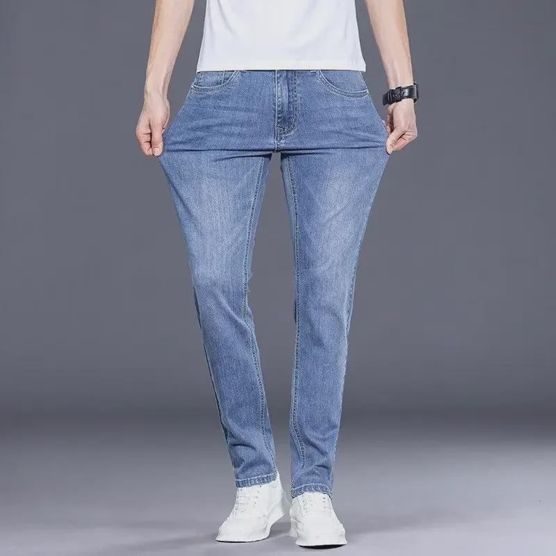2024 Herren Slim Straight Stretch Blaue Eisseidenjeans