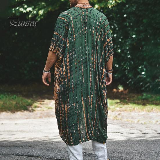 Men Beach Coat Retro Style Mid-Length Loose Fit Printing Sun Protection Jacket Open Front Long Outwear