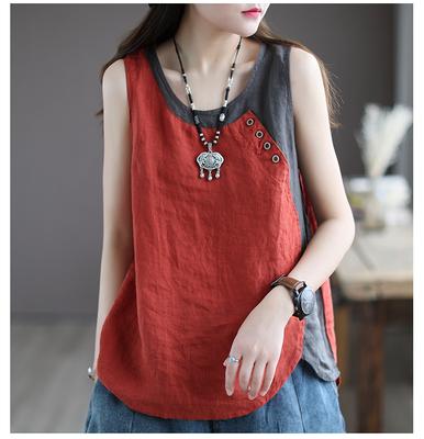 Contrasting Color Patchwork Women's Cotton and Linen Summer T-shirt Round Neck Sleeveless Slim Trousers Casual Retro Plus Size T-shirt