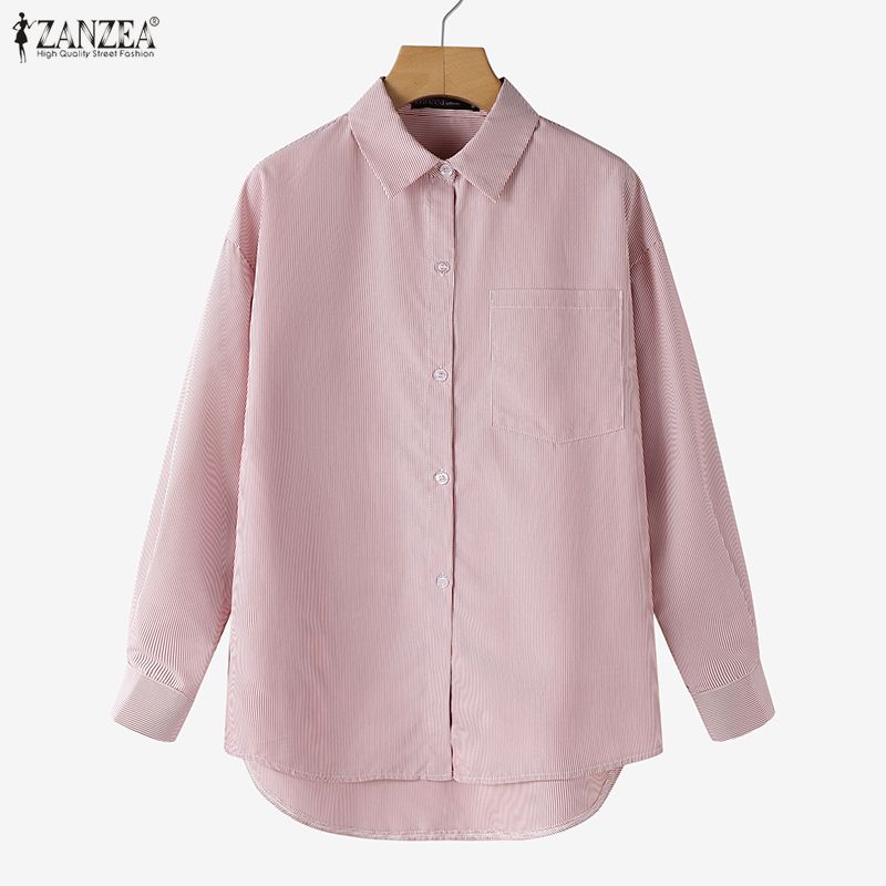 ZANZEA Women Casual Turn Down Collar Long Sleeve Loose Stripe Blouse