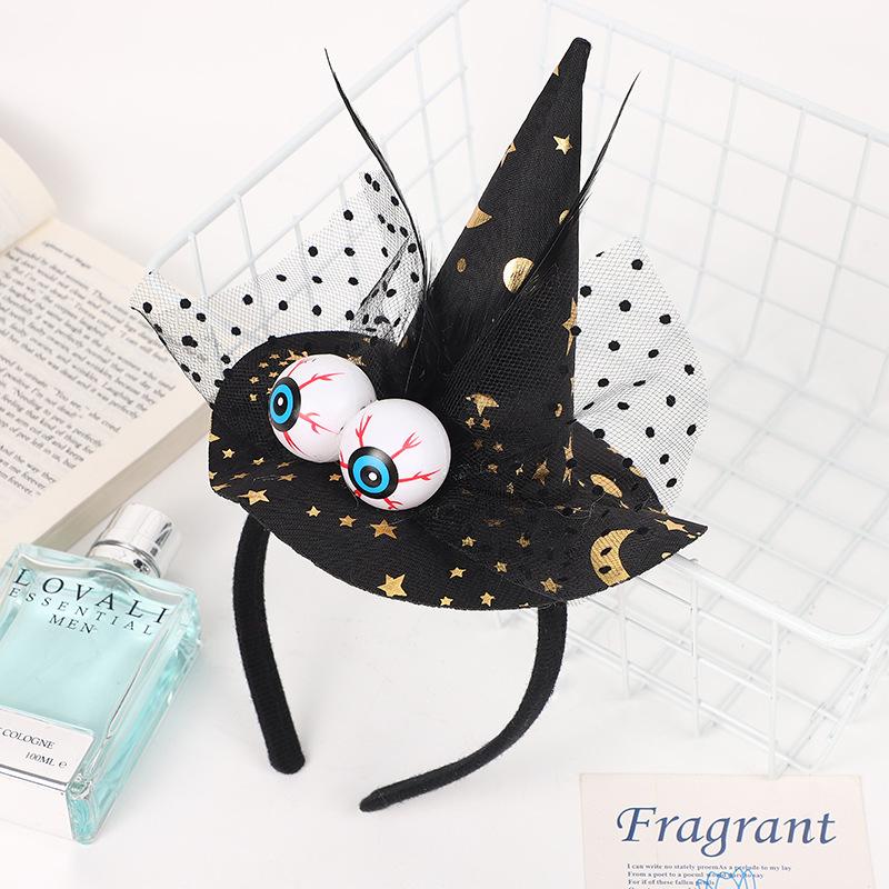 Halloween Witch Pointy Hat Headband, Scary Eyeball Bat Spider Feathers, Decorative Ball Show Headbuckle