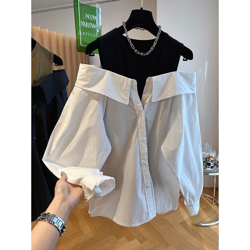 WTEMPO Autumn Off Shoulder Blouses for Women - Slim & Loose Spliced Long Sleeve Tank Top Shirt Round Neck Fashion Casual Tops
