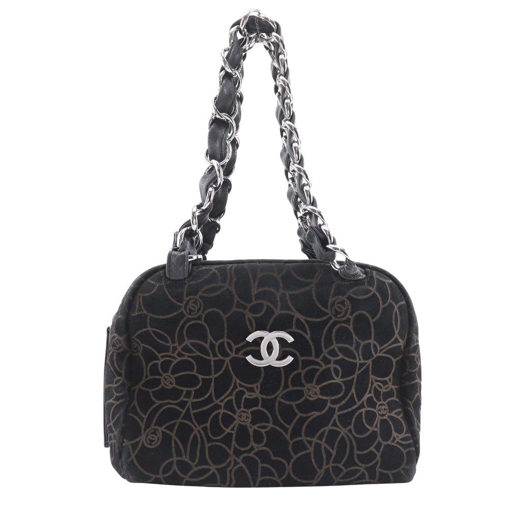 CHANEL Camelia Tote Bag ChainShoulder black Suede Women Used