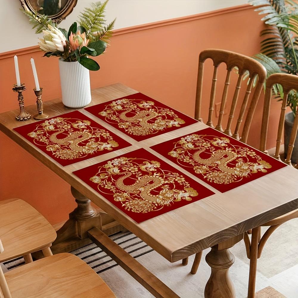 1pc Square Placemats, Chinese Style Red Simple And Elegant Light Luxury Table Pads, Golden Dragon Pattern Table Decoration Mat