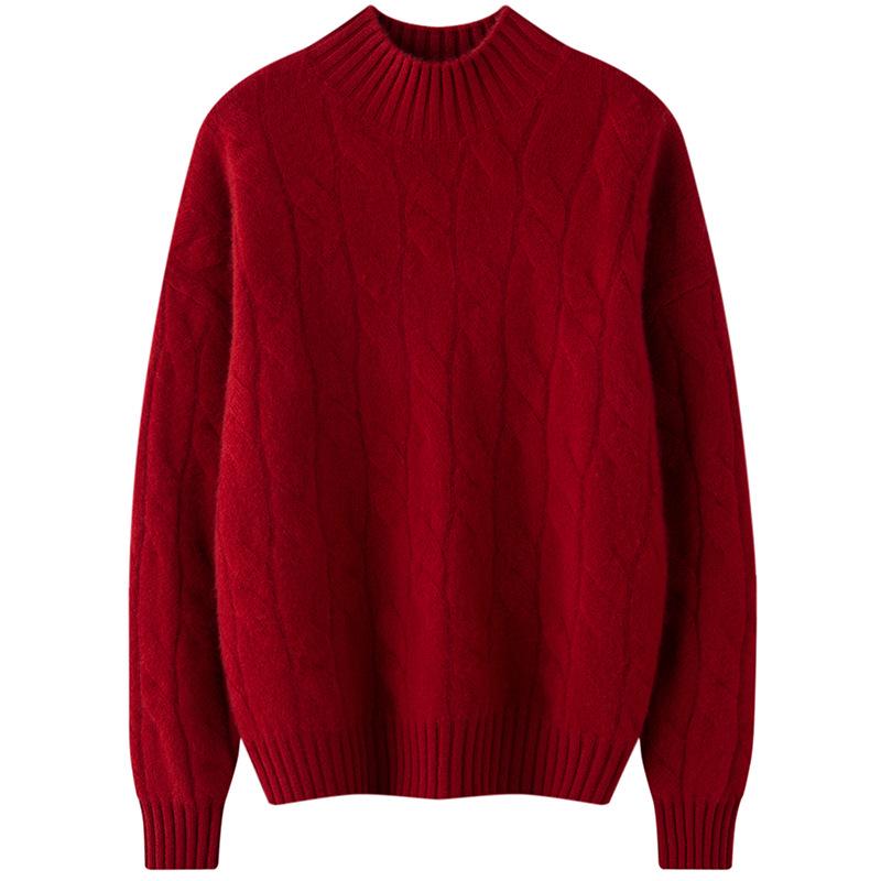Women's Cashmere Cable Knit Sweater - Half-High Neck, Thick, Loose Fit, Versatile Slimming Knitwear for Autumn/Winter