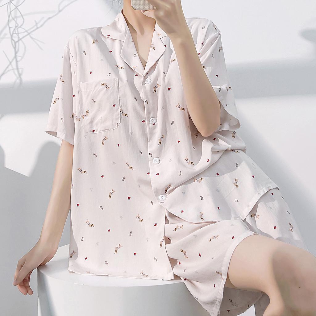 Anti-bumping cardigan pajamas women's summer short-sleeved shorts two-piece loungewear can be worn outside cotton ribbon chest pad set