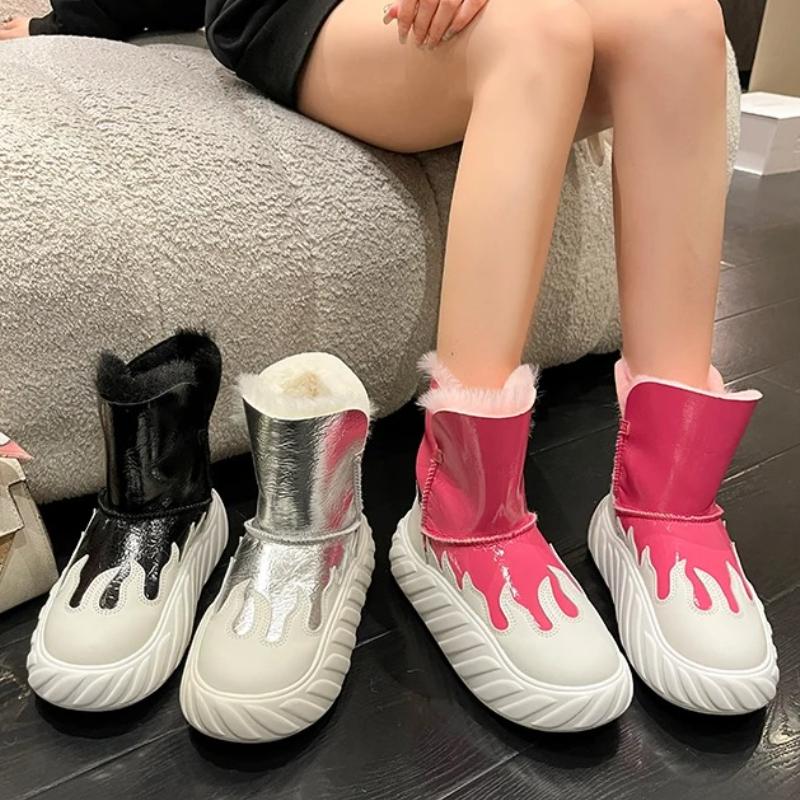 Fashion Snow Boots Women Winter Warm Spliced Platform Ankle Boots Fashion Non-slip Round Toe Plush Thickening Slip On Cotton Shoes