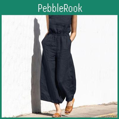 Womens Summer Fashion Vezfaa Casual Spring Solid Color Print Sleeveless Oneck High Waist Trousers Jumpsuits Rompers