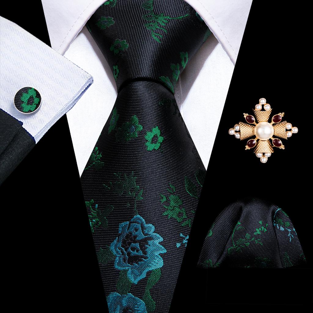 Barry.Wang Pearl sagė su kaklaraiščiu vyrams Paisley gėlių šilko kaklaraištis Hanky rankogalių sąsagų rinkinys