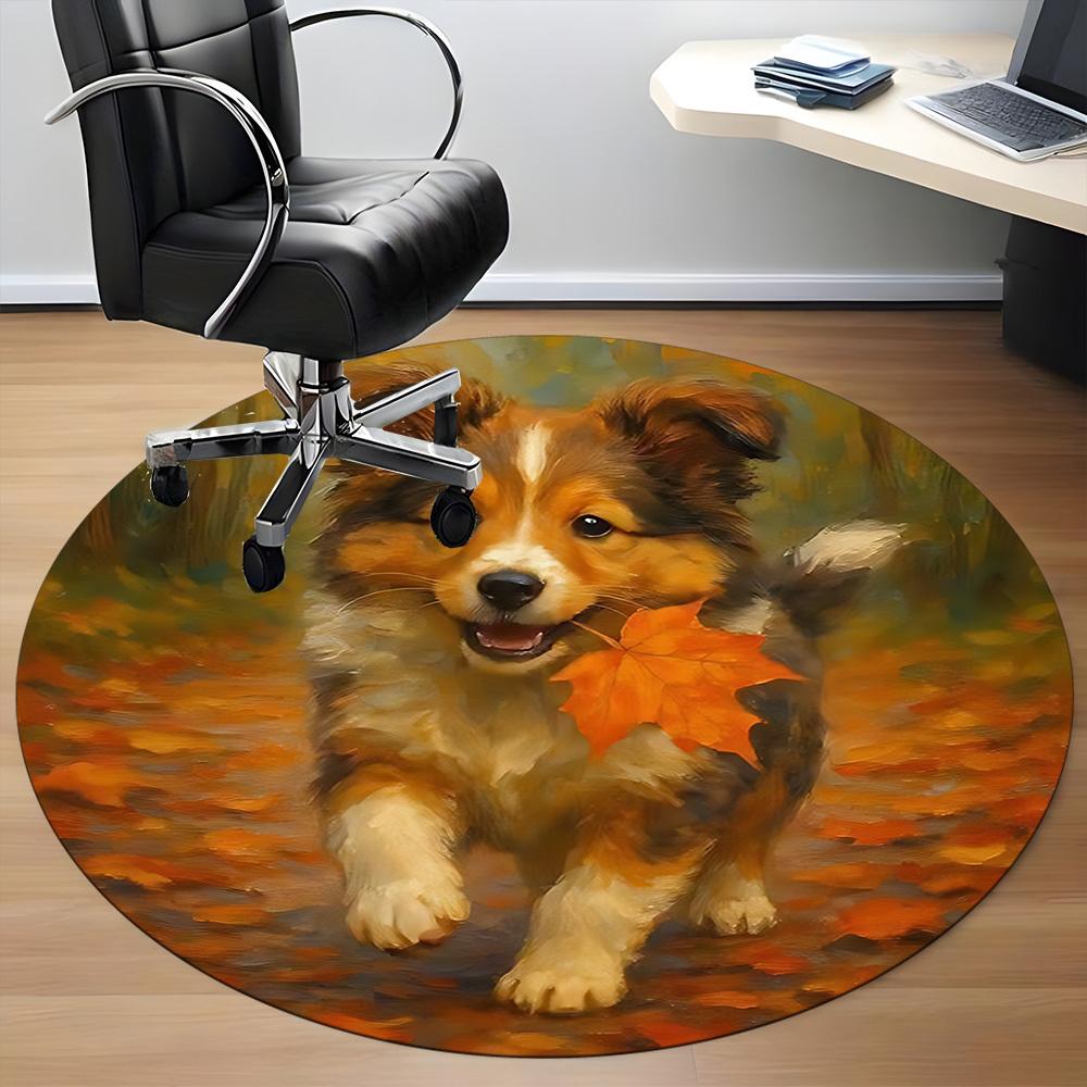 1PC Autumn Pup Office Round Area Rug, Mat Suitable ForOffice, Under Office Chairs Bedroom Living Room Home Decor, Room Deco